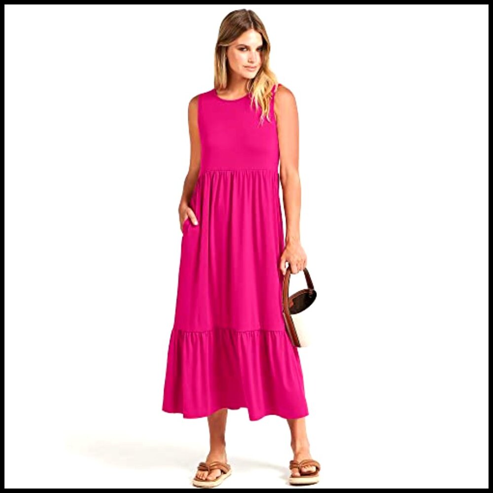 Sleeveless Maxi Dress with Pockets, Elastic Waist, Tiered Design, Rayon Blend - Picture 2 of 7